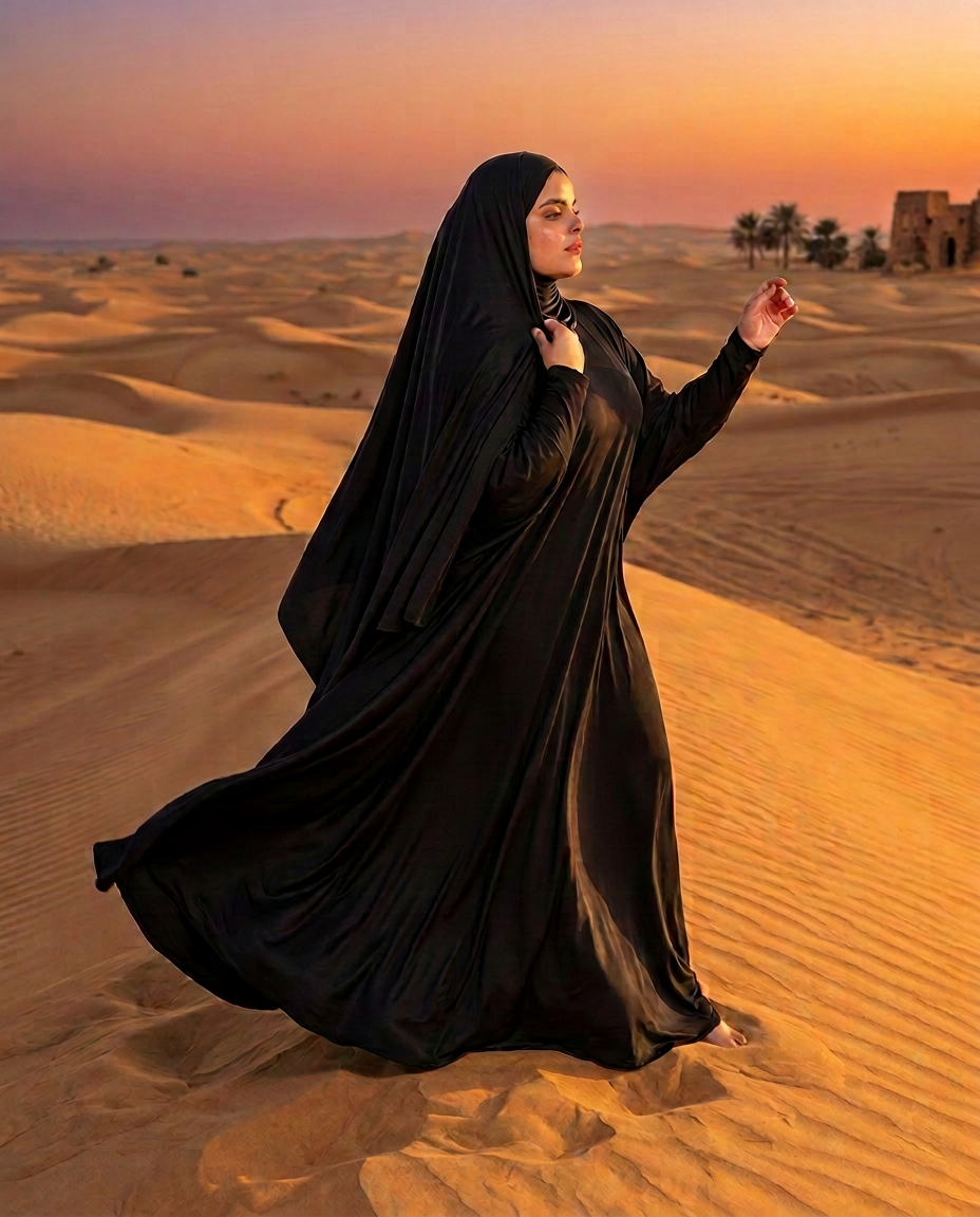 Safaa en hijab noir dans le désert