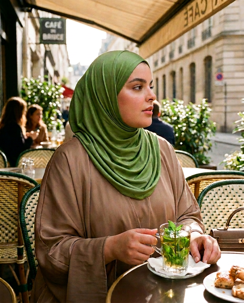 Safaa en hijab vert matcha en terrasse